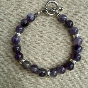 Genuine Amethyst Gemstone 8mm Beaded Bracelet with Silver Accents